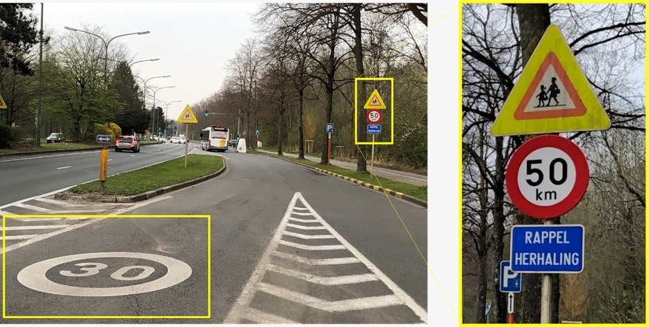 Signalisation non correcte le long du boulevard de la Woluwe, où les latérales sont limitées à 30 km/h