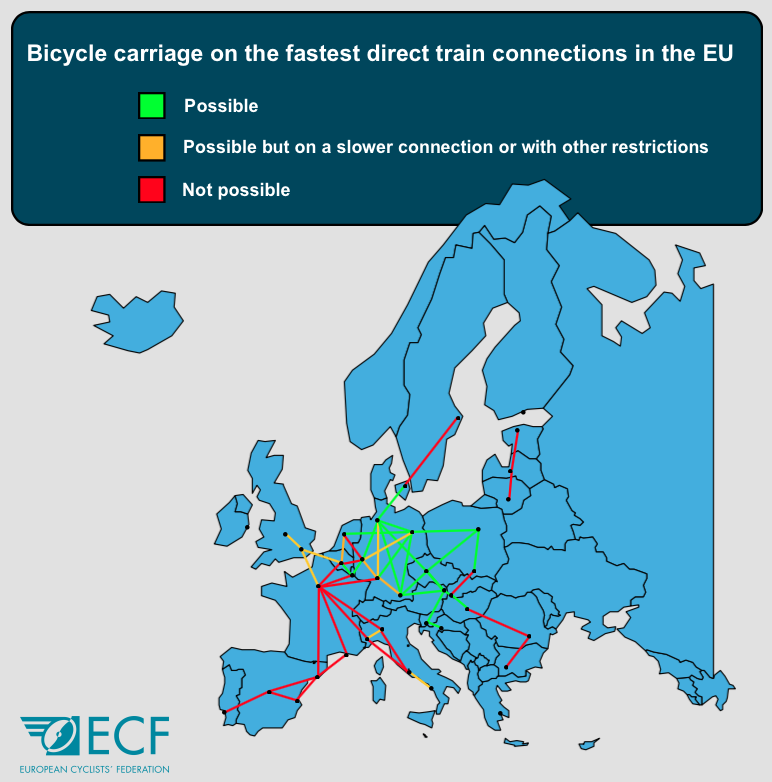 Carte des liaisons en train acceptant les vélos